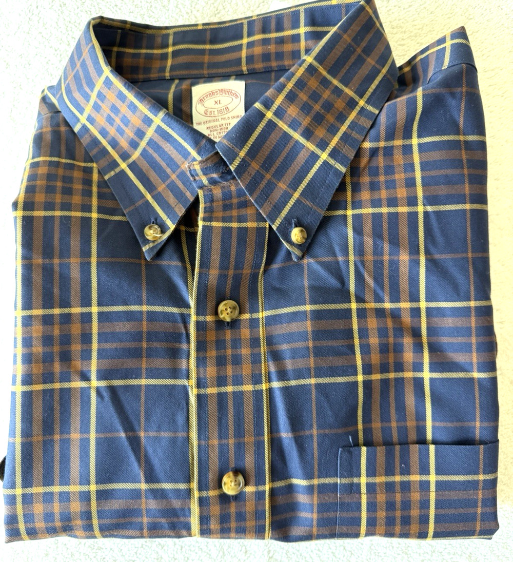 NWT Brooks Brothers XL Original Oxford Shirt Cotton Pocket Non-Iron Blue Plaid